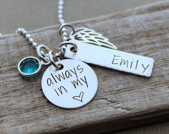 always in my heart -  memorial necklace - sterling silver - Personalized nameplate and birthstone - angel wing charm necklace custom name