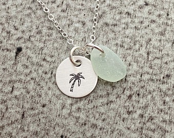 Sterling Silver Palm Tree Necklace with Coconuts, genuine Sea Glass Hand Stamped Sterling Disc, Tropical, Satin Finish Simple Beach Necklace