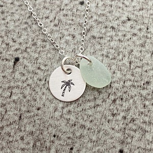 Sterling Silver Palm Tree Necklace with Coconuts, genuine Sea Glass Hand Stamped Sterling Disc, Tropical, Satin Finish Simple Beach Necklace