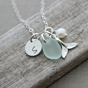 Sterling Silver Whale tail Necklace with Genuine Sea glass, pearl and Initial charm disc, Beach Jewelry, Eco Friendly Fashion