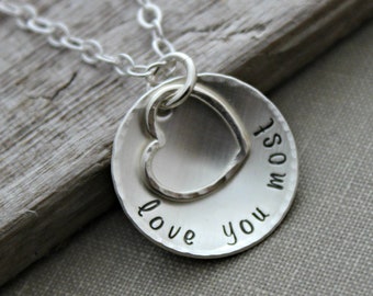 love you most necklace, all sterling silver, hammered heart charm and hammered cupped hand stamped sterling disc, Valentine's Day gift