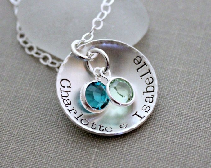 Sterling Silver personalized name Necklace - Cupped Disc with  Crystal Birthstone Charms - Gift for mom or grandma