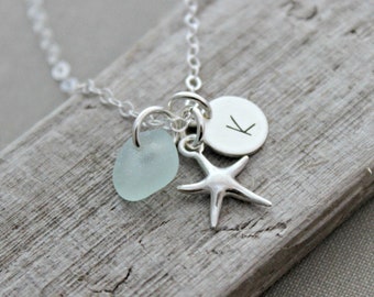 Sterling silver starfish necklace, with seafoam genuine sea glass and personalized sterling initial disc charm, Beach jewelry, seaglass