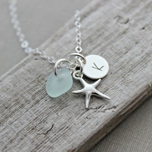 Sterling silver starfish necklace, with seafoam genuine sea glass and personalized sterling initial disc charm, Beach jewelry, seaglass