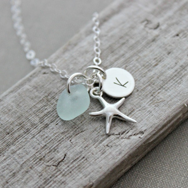 Sterling silver starfish necklace, with seafoam genuine sea glass and personalized sterling initial disc charm, Beach jewelry, seaglass