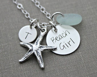 Beach Girl, Personalized Charm Necklace, Sterling Silver Starfish, Sea Glass and Mini Initial, Sea Foam, Mint Green, Hand Stamped seaglass