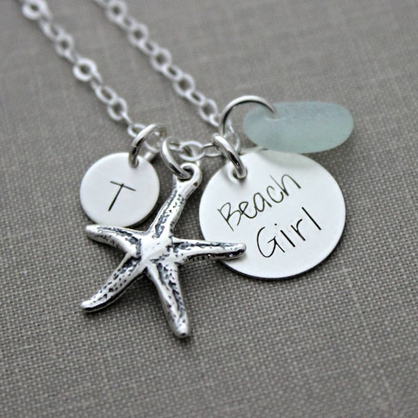 Beach Girl, Personalized Charm Necklace, Sterling Silver Starfish, Sea Glass and Mini Initial, Sea Foam, Mint Green, Hand Stamped seaglass