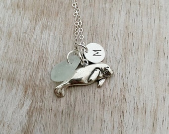 Sterling Silver Manatee Charm necklace with genuine Sea Glass and Personalized custom initial charm, made to order, Gift for beach lover