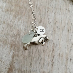 Sterling Silver Manatee Charm necklace with genuine Sea Glass and Personalized custom initial charm, made to order, Gift for beach lover image 1