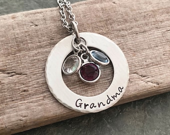 Grandma Necklace - Pewter Hand Stamped Silver tone Washer - Stainless steel chain -  crystal Birthstones Grandchildren, Grandmother