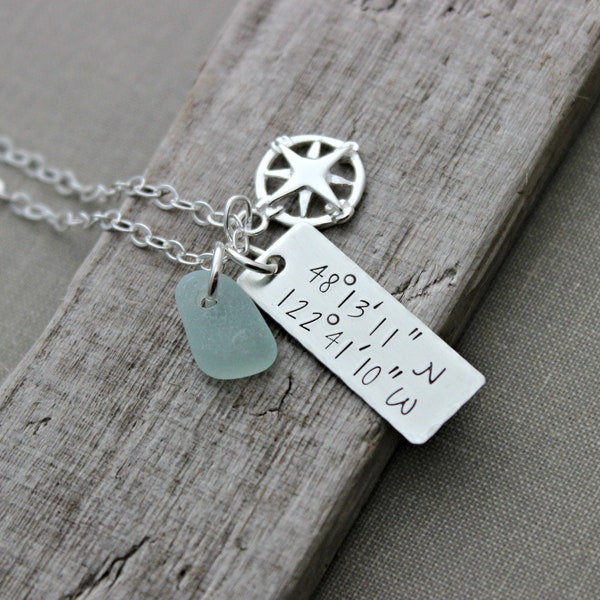 Coordinates Necklace - Sterling Silver - Hand Stamped with Compass Charm and Genuine Sea Glass - Rectangle Bar Charm - Special Place Beach