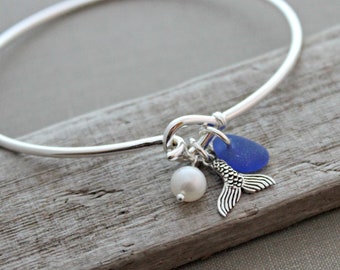 Mermaid tail bracelet - cobalt blue sea glass - Sterling silver seaglass wire bangle bracelet - hook and loop closure - Gift for her