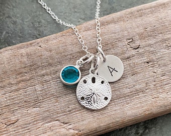 Sterling silver sand dollar Necklace with Hand stamped Initial letter disc and  Crystal Birthstone, Handmade