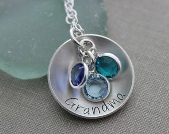 Sterling Silver grandma or Mom Necklace, Cupped Disc with  Crystal Birthstone Charms, Grandma, Nana, Momma, Personalized Disk