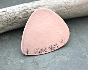 Rustic Copper guitar pick - I pick you - with heart design - can be personalized - Playable - Gift for him anniversary gift Valentine's Day