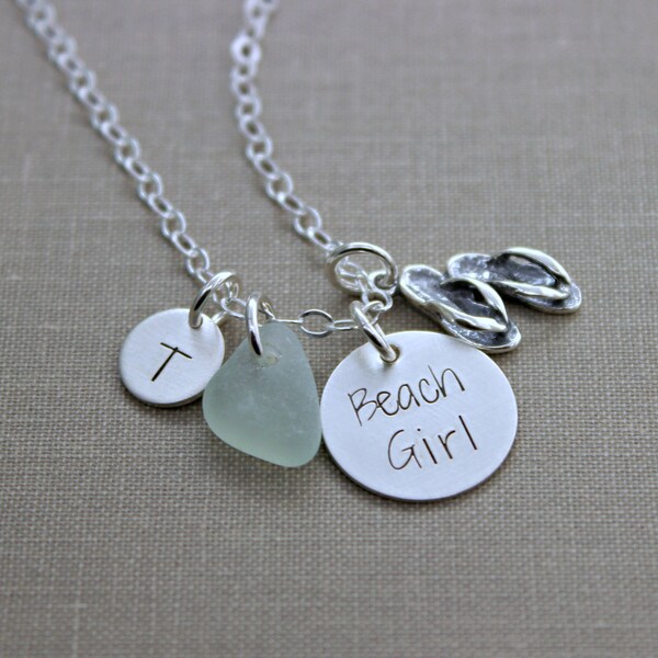 Beach Girl Necklace, Sterling Silver Stamped Disc, Flip Flop Charm, Sea Glass and Personalized mini Initial, Beach Jewelry, sandals flipflop