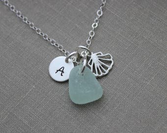 Sea Shell Charm Necklace, Sterling Silver with genuine Sea Glass, Personalized Initial Charm Necklace, beach Jewelry, Ocean Gift, Seashell