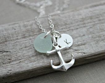 Nautical Sterling Silver anchor necklace with genuine Seaglass and mini Initial Charm, Personalized beach jewelry - Choice of color  Custom