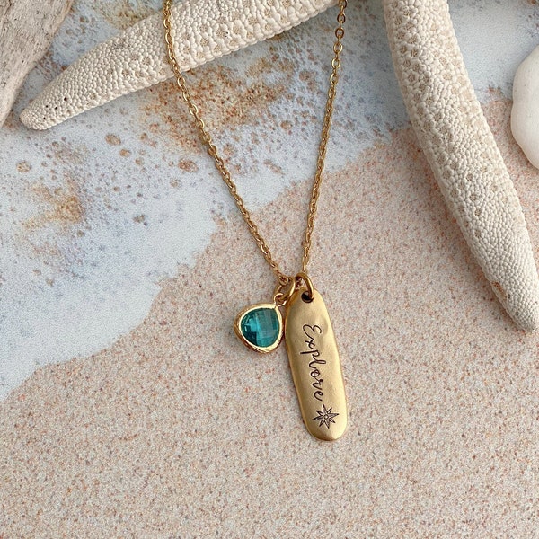 Explore necklace - with compass and teal glass gem- Gift for friend - Outdoors necklace - beach jewelry - Traveler Graduation gift
