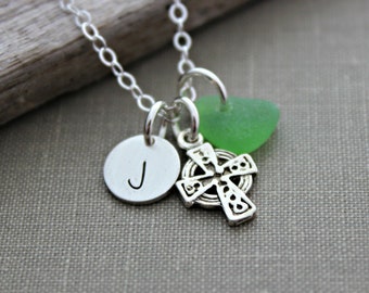 Personalized Sterling silver celtic cross Necklace with genuine Sea Glass and Initial Charm , Irish necklace,  Beach jewelry - Gift for her