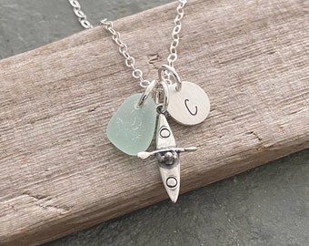 Sterling Silver Kayak Charm Necklace - Genuine Sea Glass - Personalized Initial Disc - Paddler, Watersports, Hawaii Outdoors - gift for her