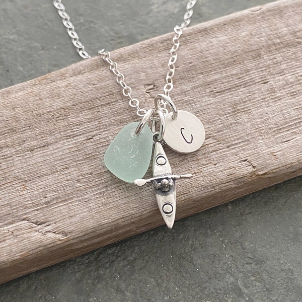 Sterling Silver Kayak Charm Necklace - Genuine Sea Glass - Personalized Initial Disc - Paddler, Watersports, Hawaii Outdoors - gift for her