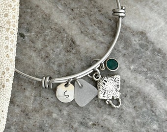 manta ray charm bracelet, genuine sea glass, personalized initial &  crystal birthstone stainless steel adjustable beach bangle bracelet