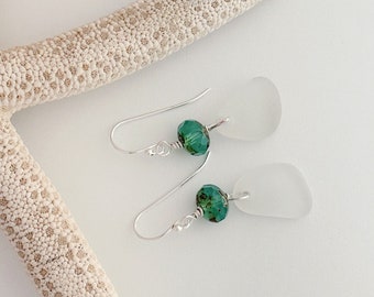 White Sea glass and aqua Czech glass dangle earrings, sterling silver beach earrings