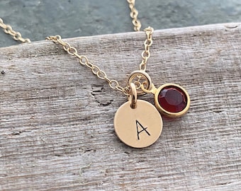 Initial Jewelry 14k Gold Filled Personalized Initial Necklace, Simple Monogram, Single Charm Rustic with Birthstone, Gift for Birthday