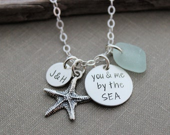 you & me by the SEA sterling silver charm beach necklace - genuine sea glass charm of choice - personalized initials - gift for her