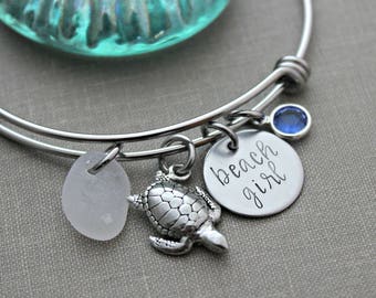beach girl, stainless steel adjustable beach bangle bracelet with pewter sea turtle charm, genuine sea glass &  crystal birthstone