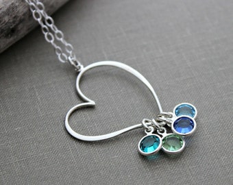 Sterling silver heart necklace personalized with  crystal birthstones, Gift for mom or grandma, Large open heart, dangling crystals