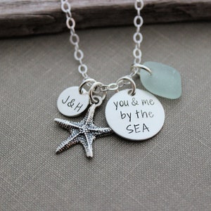 you & me by the SEA sterling silver charm beach necklace genuine sea glass charm of choice personalized initials gift for her image 1