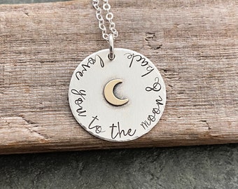 love you to the moon and back, sterling silver necklace with bronze moon, hand stamped , gift idea for her - birthday gift for her