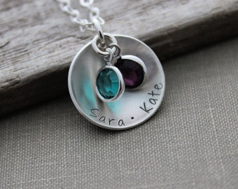 Sterling Silver Childrens Names Necklace Mommy Jewelry,  Crystal birthstone Cupped Disc - Two names & two Birthstones Personalized