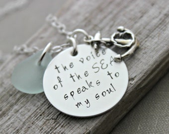 the voice of the sea speaks to my soul, inspirational quote necklace, hand stamped sterling silver anchor jewelry, genuine sea glass, beach