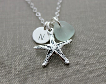 Personalized Charm Necklace with Sterling Silver Starfish, genuine Sea Glass and mini Initial Charm disc, Beach Wedding Bridesmaid Gift