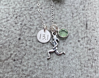 13.1 Half Marathon Sterling Silver Necklace, Runner Girl Charm, Distance number disc,  Crystal Birthstone, Run Commemorative Gift