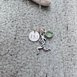 13.1 Half Marathon Sterling Silver Necklace, Runner Girl Charm, Distance number disc,  Crystal Birthstone, Run Commemorative Gift