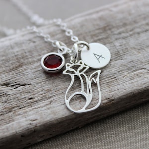Fox Charm Necklace, Sterling Silver Personalized Initial Letter Disc,  Crystal birthstone, Personalized, Foxy Lady