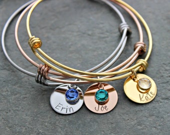 Personalized name bracelet - Silver stainless steel, rose gold or gold - Name disc   crystal birthstone - Mother's Day gift for her