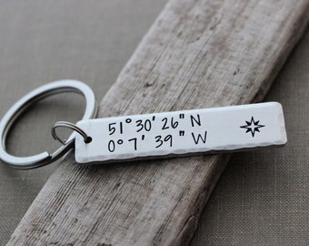 Custom Coordinates Keychain - Aluminum Hand Stamped Latitude and Longitude GPS Coordinate  Bar Key Chain - Gift for Him - Special place