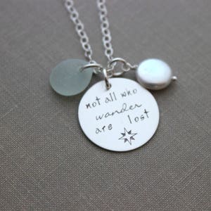 not all who wander are lost, sterling silver necklace with genuine sea glass and freshwater coin pearl, hand stamped compass design