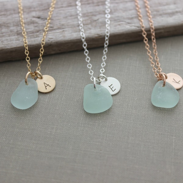 Genuine Sea Glass Initial Necklace - Personalized Monogram  - Minimalist - Choice of 14k gold filled, rose gold filled or sterling silver