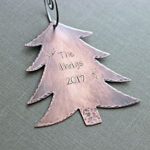 Rustic Copper Christmas Tree Ornament Personalized with Family name and Year Holly design Custom Made to order Gift idea new couple image 2