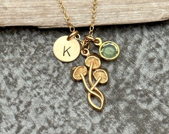 Bronze gold Mushroom Necklace with Mini Personalized Initial charm disc crystal birthstone - Nature Jewelry - Gift for her gold fill