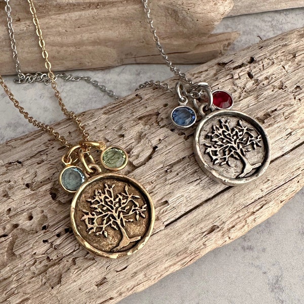 Rustic Family Tree necklace - Grandma Jewelry - gold or silver pewter Tree of life necklace -  crystal birthstones  gift for her