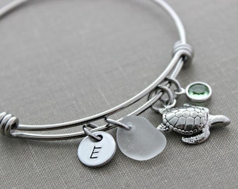 pewter sea turtle charm bracelet, genuine sea glass, initial &  crystal birthstone stainless steel adjustable beach bangle bracelet