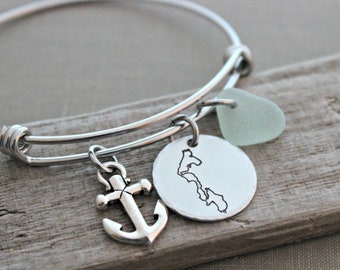 Whidbey Island Bracelet - stainless steel adjustable beach bangle bracelet - beach or anchor charm, genuine sea glass beach jewelry