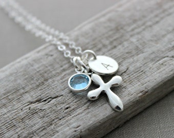 Personalized Charm Necklace with Sterling Silver Cross,  Crystal Birthstone and Initial Charm, Puffed Cross, Faith Necklace